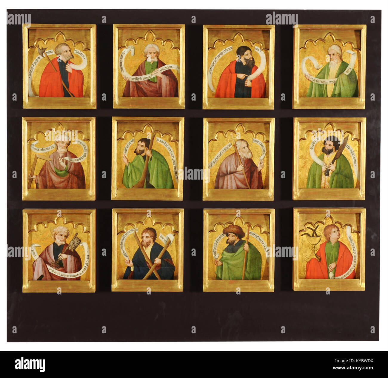 Un dipinto del XV secolo di Nicolás Francés intitolato "i dodici Apostoli", raffigurante gli apostoli biblici in dettagliato stile gotico, parte della storia dell'arte religiosa europea. Foto Stock