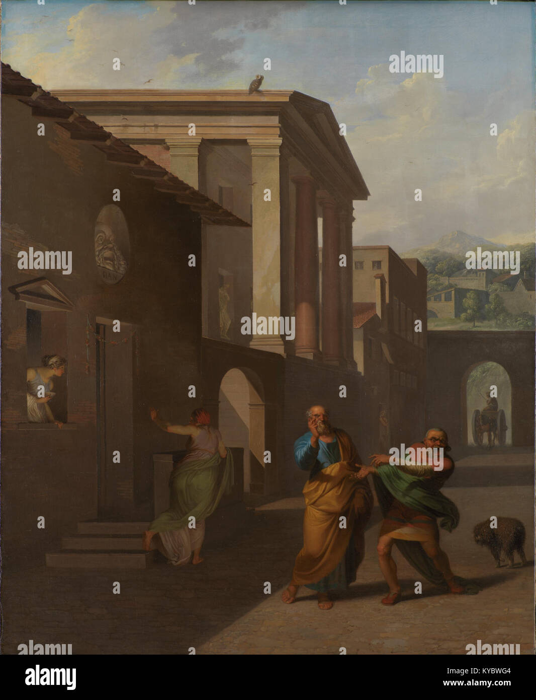 Un dipinto di Nicolai Abildgaard che illustra una scena dell'opera teatrale di Terence "Andria", raffigurante la levatrice che prende il permesso della ragazza da Andros, sottolineando lo stile neoclassico e l'emozione drammatica. Foto Stock