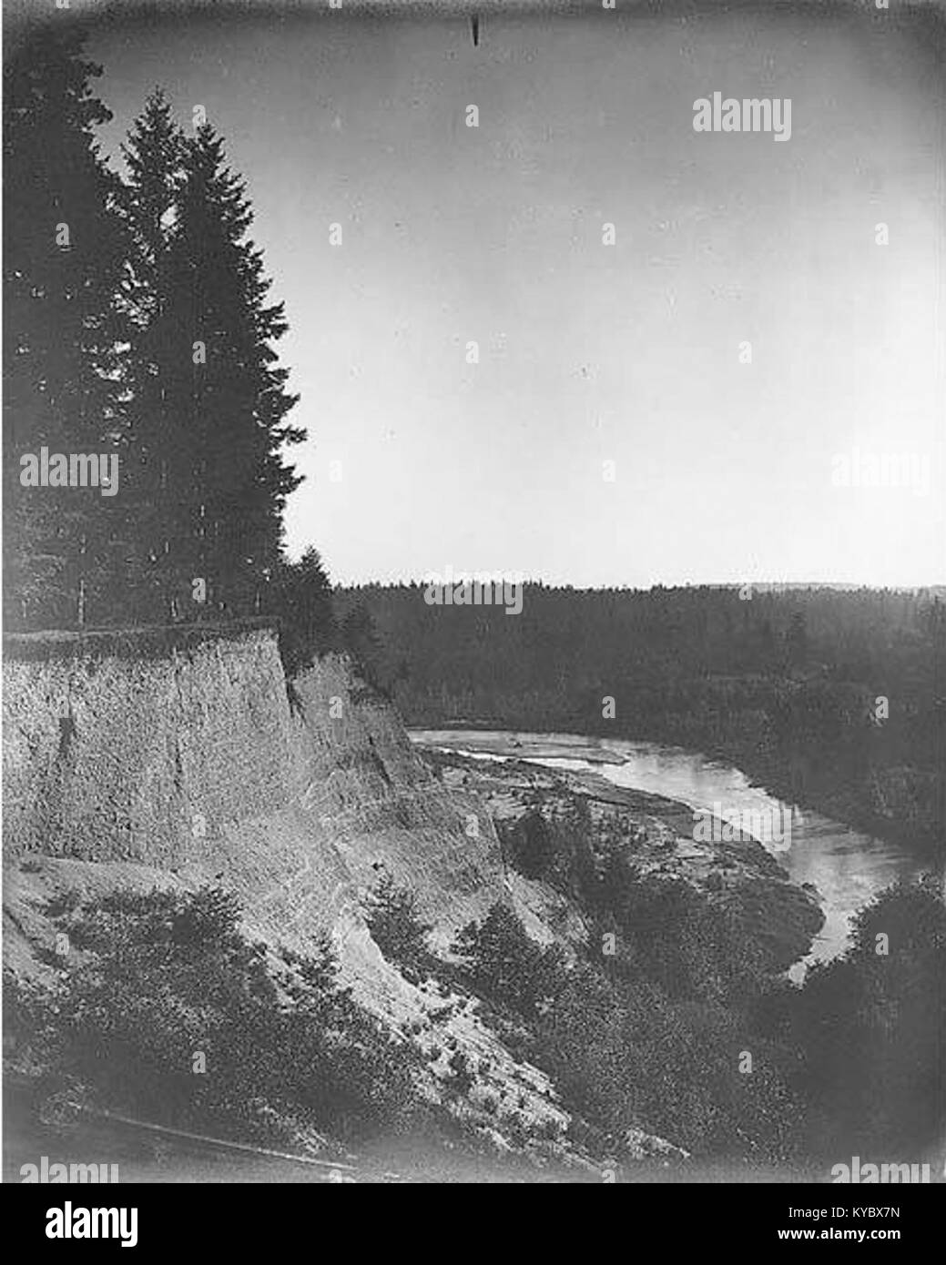 Una fotografia del 1904 del fiume Nisqually vicino a Fort Lewis, Washington, che mostra il paesaggio naturale, le rive del fiume e il terreno boschivo nel nord-ovest Pacifico. Foto Stock