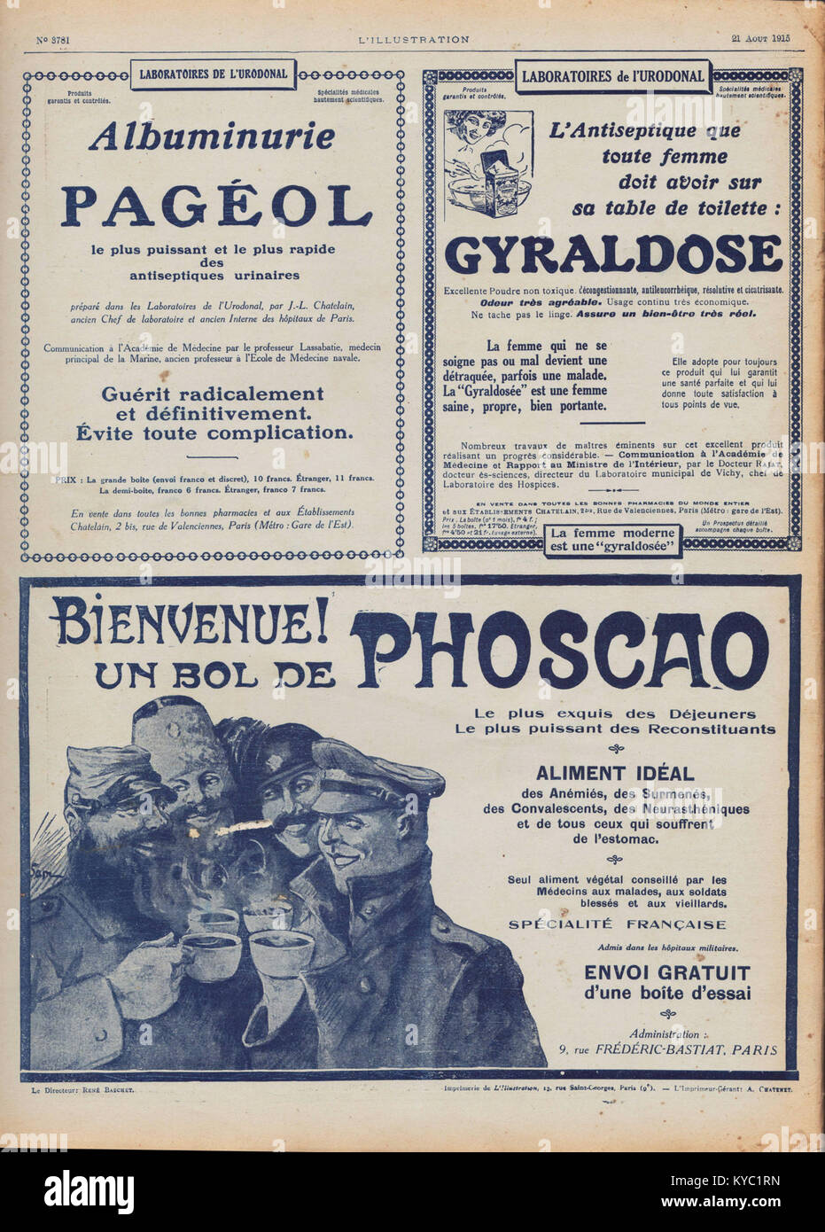 La quarta di copertina di una pubblicazione francese datata 21 agosto 1915, contenente informazioni in tempo di guerra e annunci ufficiali durante la prima guerra mondiale Foto Stock