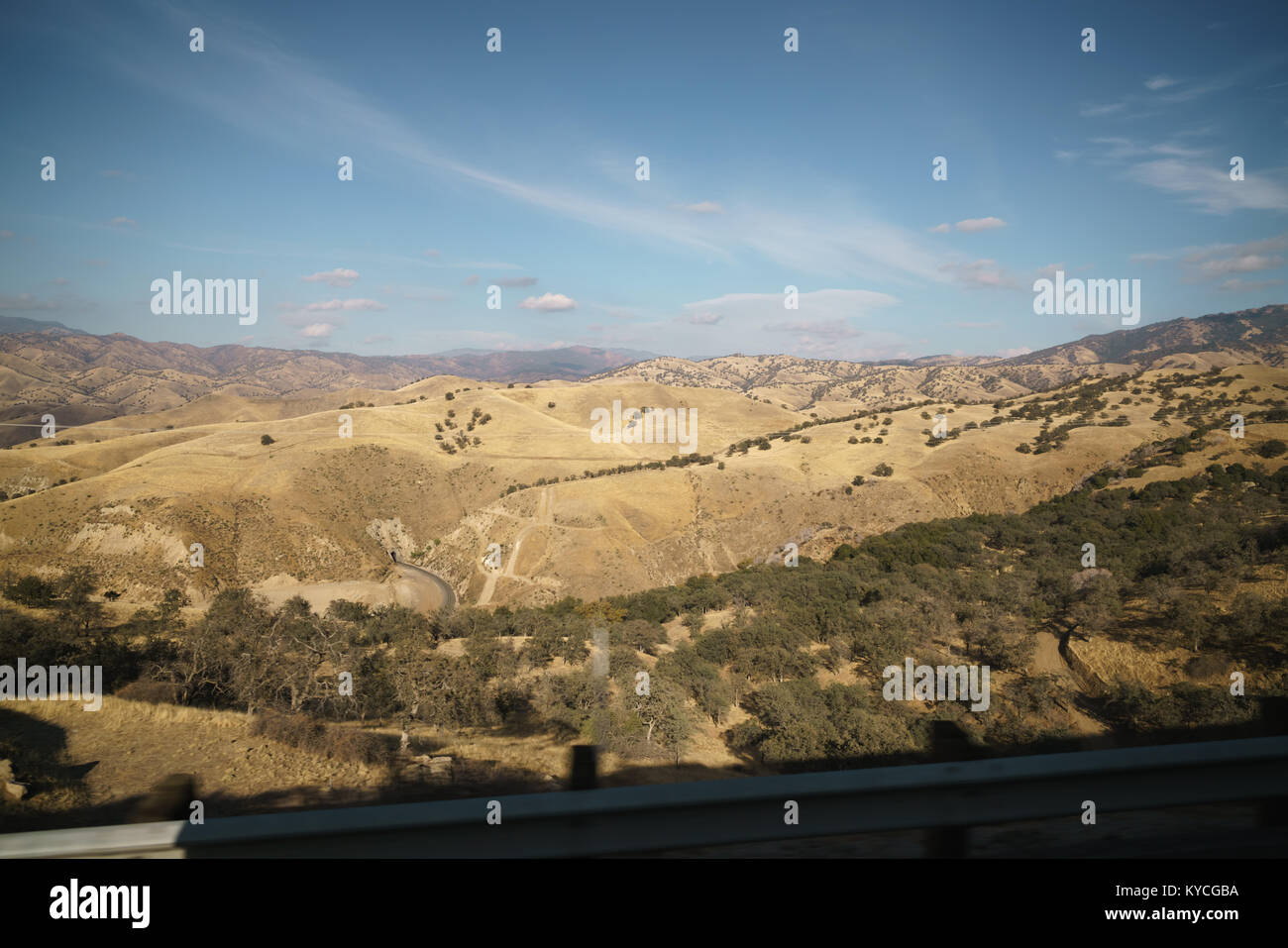 Golden Hills con alberi e strade in giornata chiara, scattato dalla vettura in movimento Foto Stock