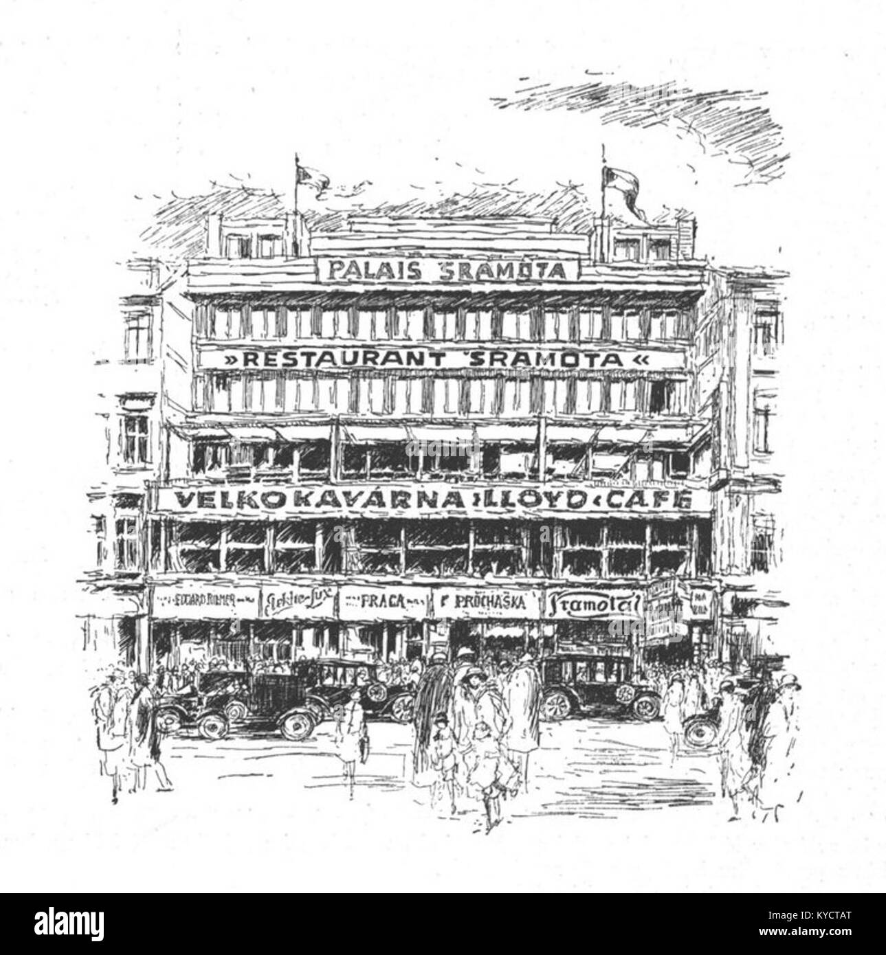 Palais Sramota, Restaurant Sramota e Café Lloyd sono luoghi culturali e sociali noti per la combinazione di esperienze culinarie tradizionali e contemporanee, che riflettono l'ospitalità urbana europea. Foto Stock