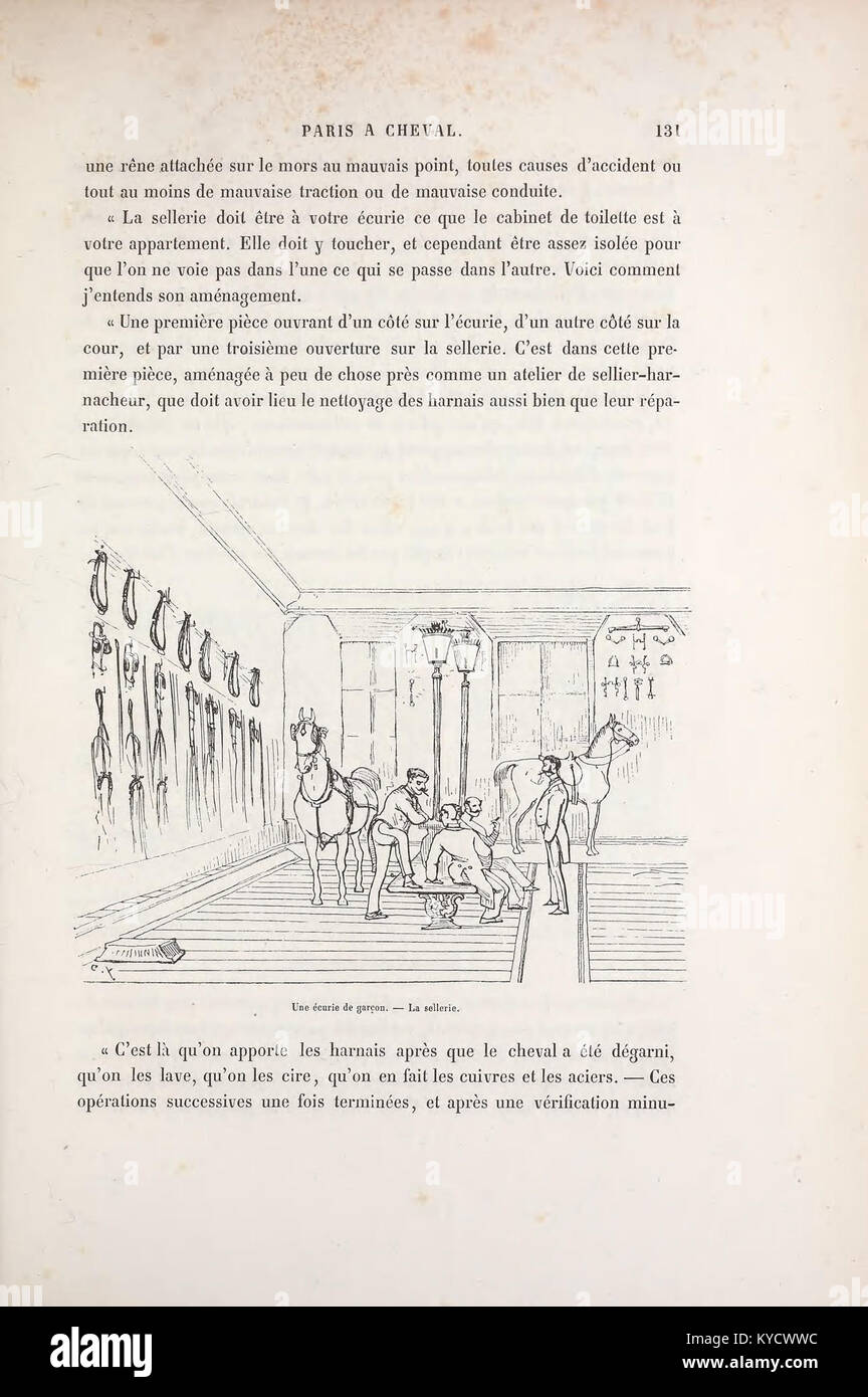 Su questa pagina di “Paris à cheval”, Crafty presenta una scena disegnata di cavalieri che navigano per le strade parigine, tra cui carrozze e attività equestre urbane. Foto Stock