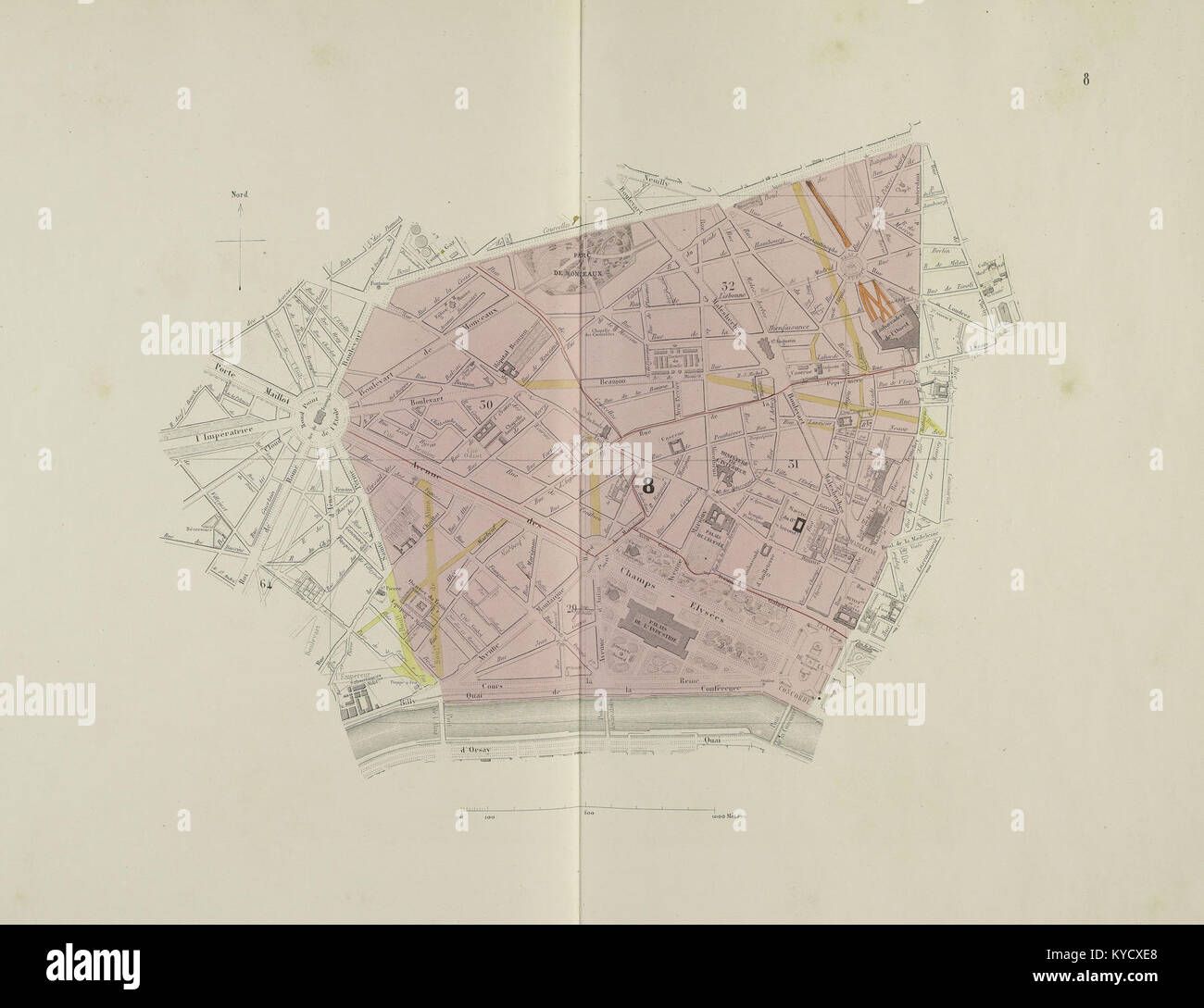 Una mappa dettagliata creata da Eugène Andriveau-Goujon raffigurante l'ottavo arrondissement di Parigi, mostrando la disposizione urbana, le strade e i monumenti storici. Foto Stock