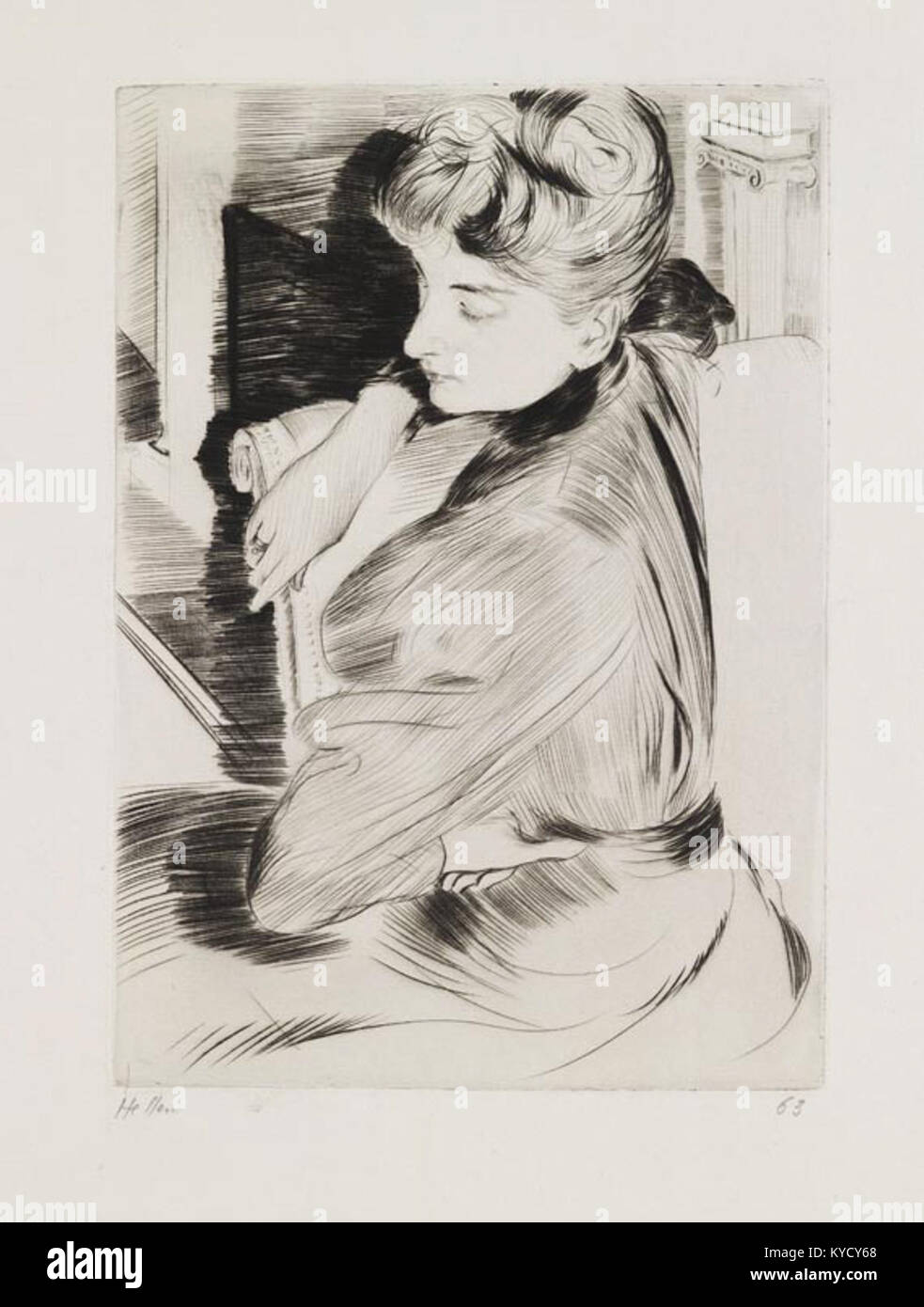 Quest'opera di Paul-César Helleu presenta una donna appoggiata al braccio, che sottolinea la postura aggraziata e il delicato lavoro in linea caratteristico dello stile ritrattistico dell'artista. Foto Stock