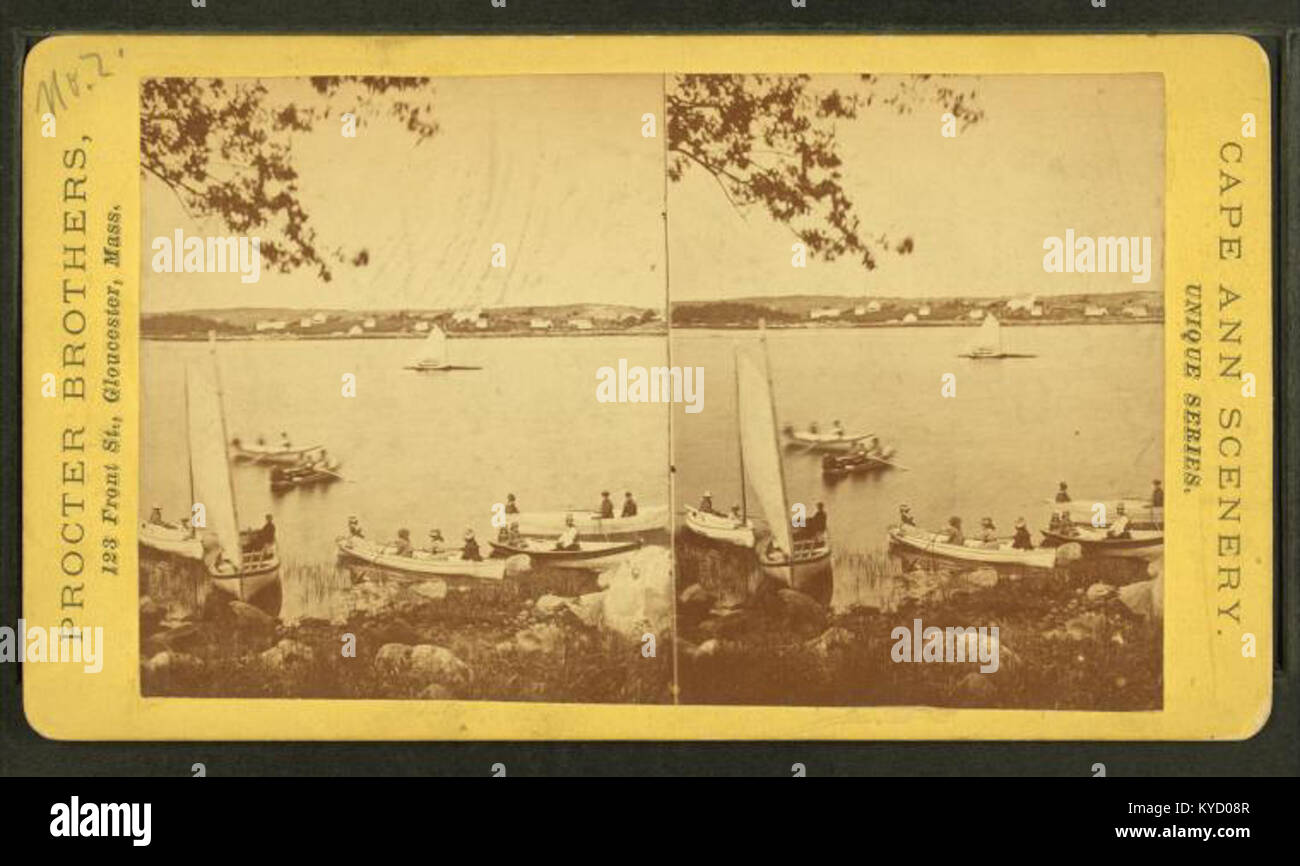 Pearce's Island e cottages, Annisquam River, con parti di vela e picnic, dalla Procter fratelli Foto Stock