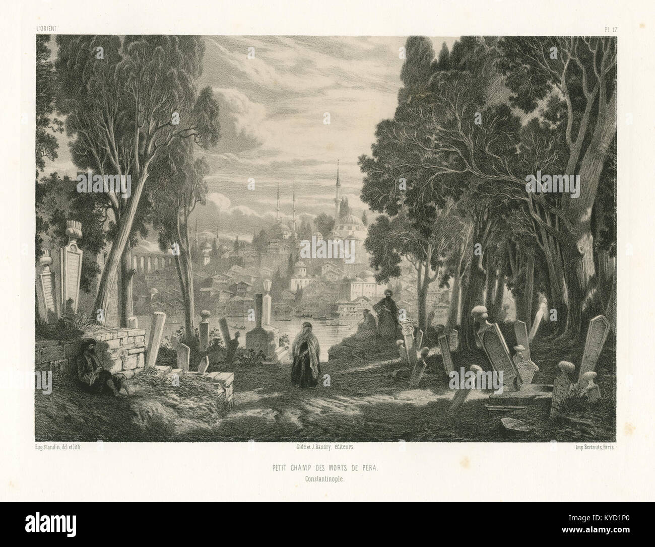 Un disegno di Eugène Flandin del 1853 intitolato "Petit champ des morts de Pera" raffigurante un piccolo cimitero a Pera (Istanbul), che mostra i monumenti funerari ottomani e gli elementi paesaggistici circostanti. Foto Stock