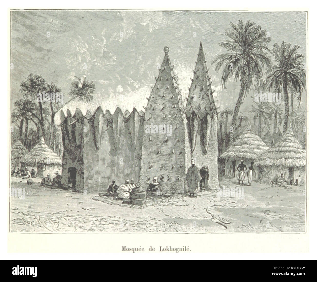 La Mosquée de Lokhognilé è una moschea costruita nella tradizionale architettura della terra dell'Africa occidentale, caratterizzata da pareti in mattoni, sostegni in legno e minareti affusolati, che funge da centro per il culto islamico locale. Foto Stock