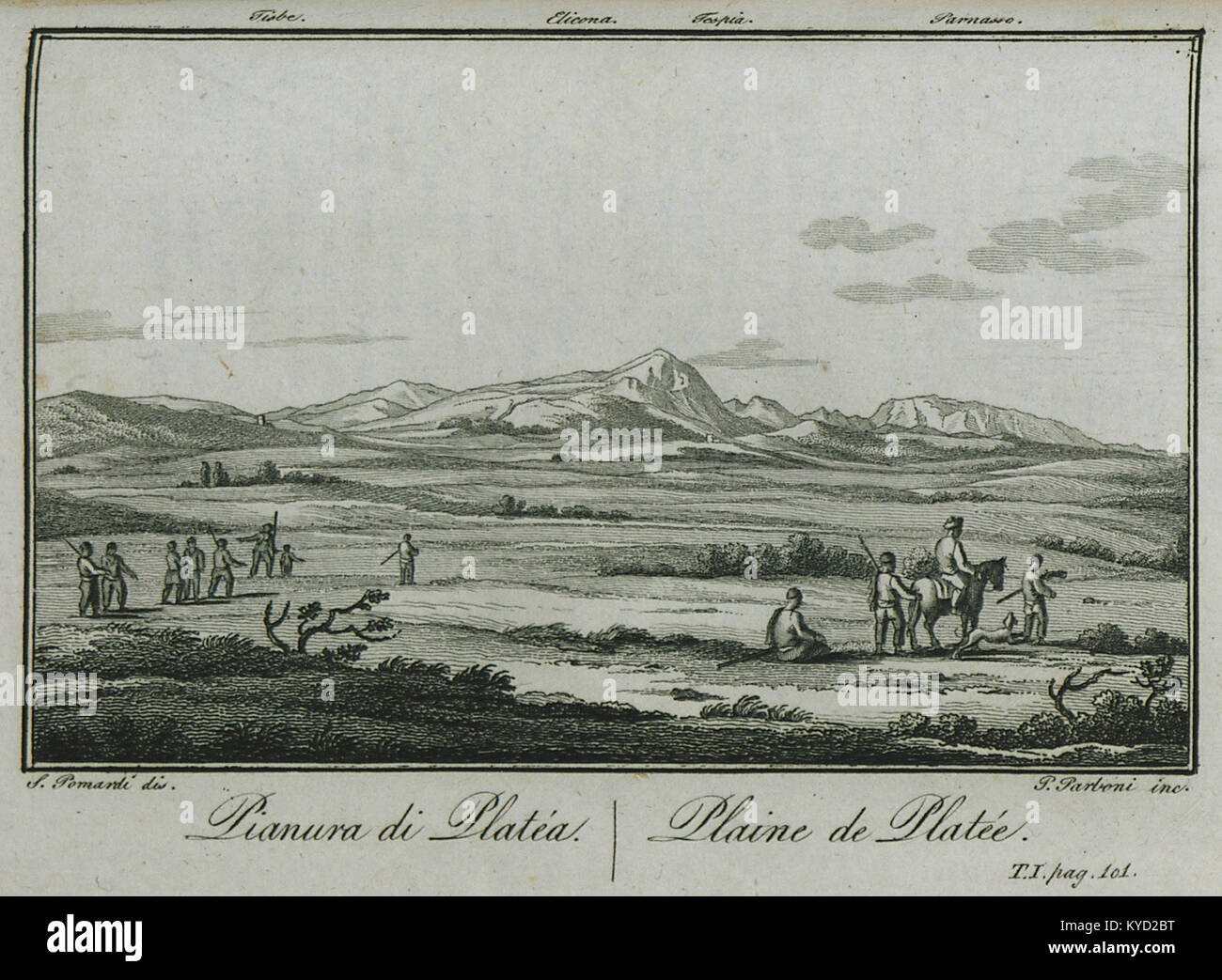 Un disegno paesaggistico intitolato "Pianura di Platéa" di Simone Pomardi, creato nel 1820. L'opera raffigura la pianura di platea in Grecia, nota per il suo significato storico nella guerra greca antica e nella rappresentazione classica del paesaggio. Foto Stock