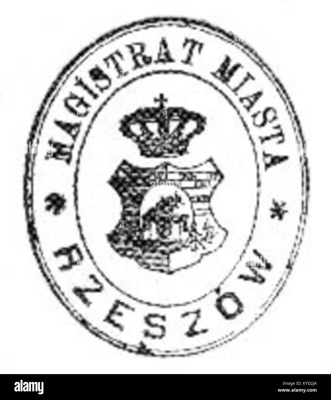 Il sigillo della città di Rzeszów del periodo della spartizione mostra l'emblema comunale utilizzato durante il dominio austro-ungarico, che riflette l'identità civica e la struttura amministrativa nella Polonia del XIX secolo. Foto Stock
