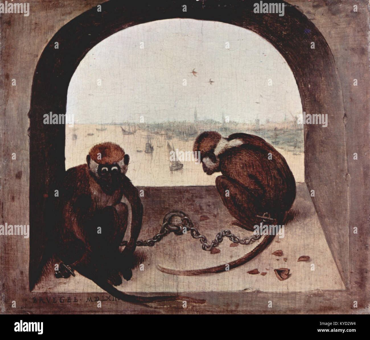 "La caduta di Icaro" di Pieter Bruegel il Vecchio (c.1558) combina la narrazione mitologica con scene di vita ordinaria, raffigurando la caduta di Icaro in un vibrante paesaggio fiammingo. Foto Stock