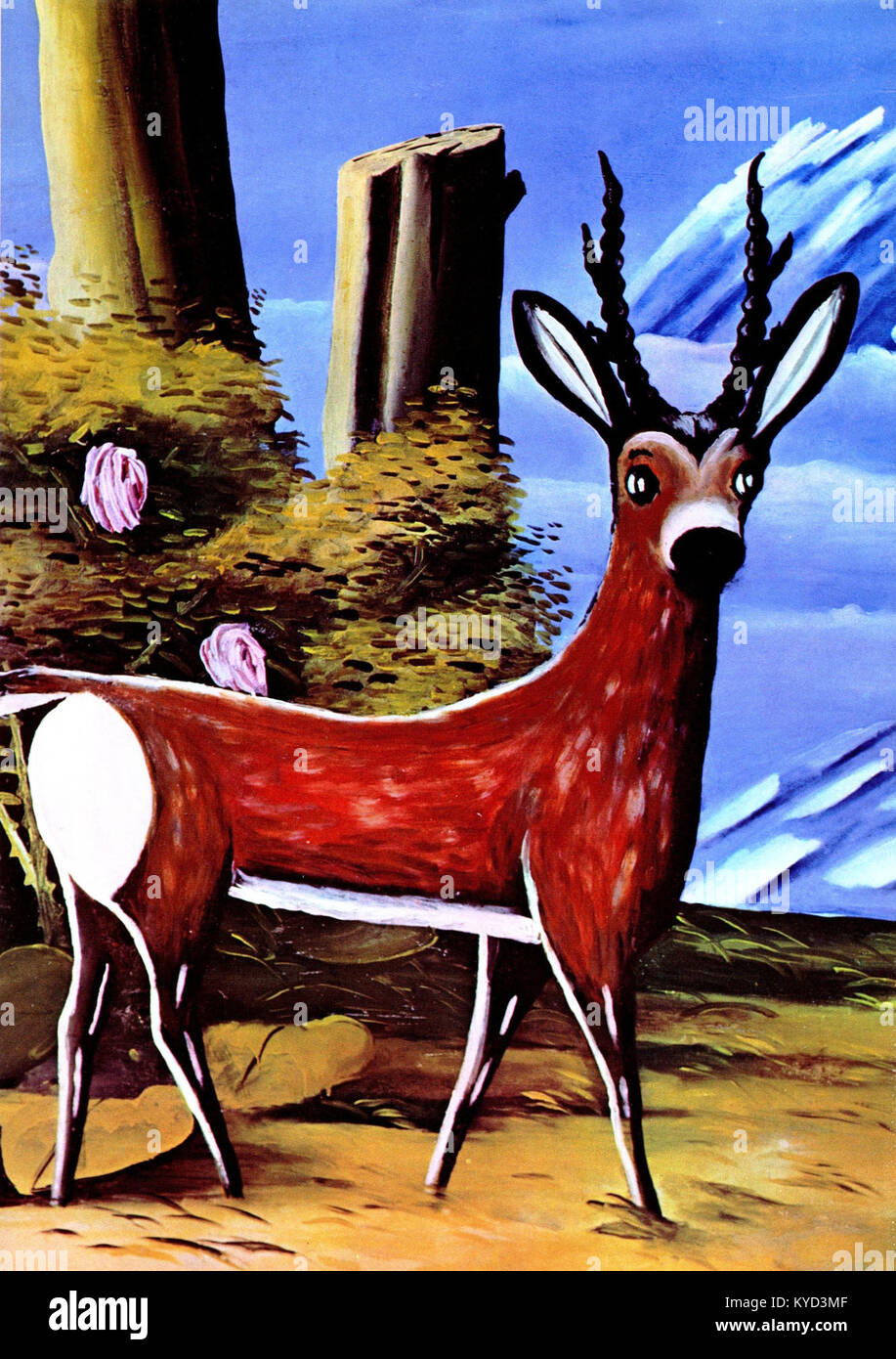 Questa opera d'arte intitolata "renne" del pittore georgiano Niko Pirosmani è stata presentata sulla rivista Soviet Life nel febbraio 1969. Il dipinto riflette lo stile ingenuo di Pirosmani e si concentra sui soggetti quotidiani. Foto Stock