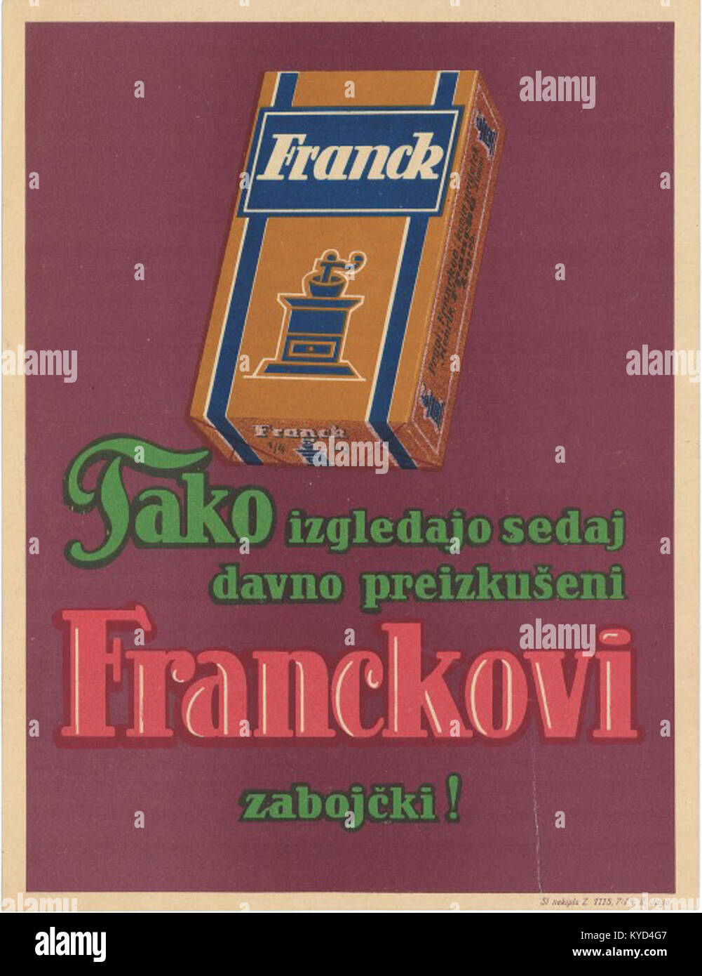 Un poster litografico a colori del 1920 che promuove le casse di Franck (contenitori di frutta o merci), esemplificando le tecniche di progettazione grafica e le convenzioni pubblicitarie commerciali dei primi anni del XX secolo. Foto Stock