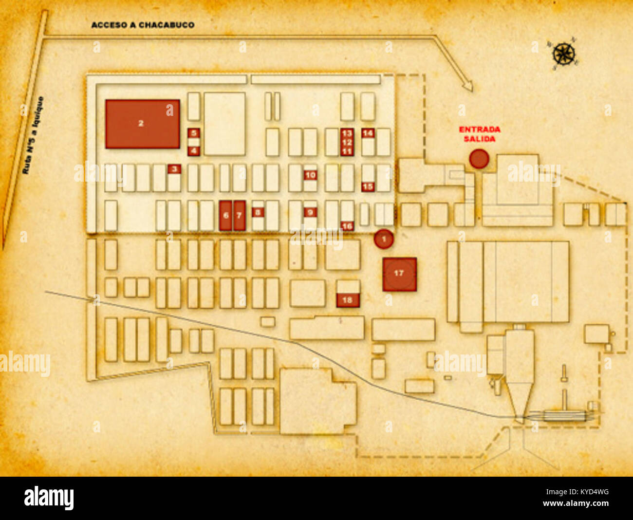 Una mappa storica intitolata "Plano del campo de Concentración Chacabuco" che mostra la disposizione del campo di concentramento di Chacabuco in Cile durante l'era della dittatura militare tra il 1973 e il 1990. Foto Stock