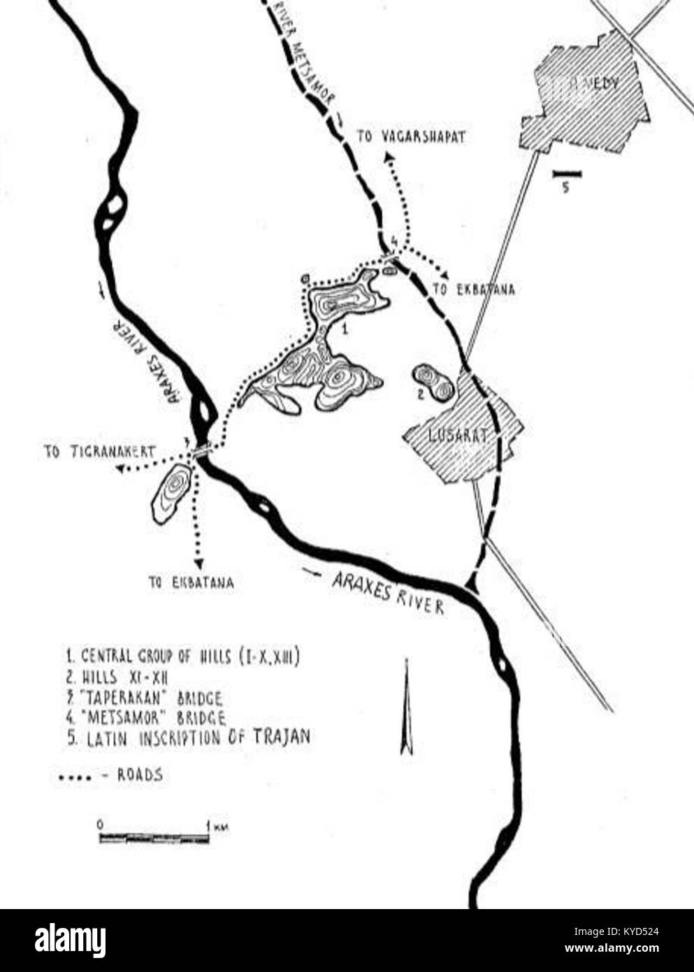Un piano storico dell'antica città di Artaxata, capitale del Regno d'Armenia. Mette in evidenza la struttura urbana della città e il suo significato archeologico nell'antica storia armena. Foto Stock
