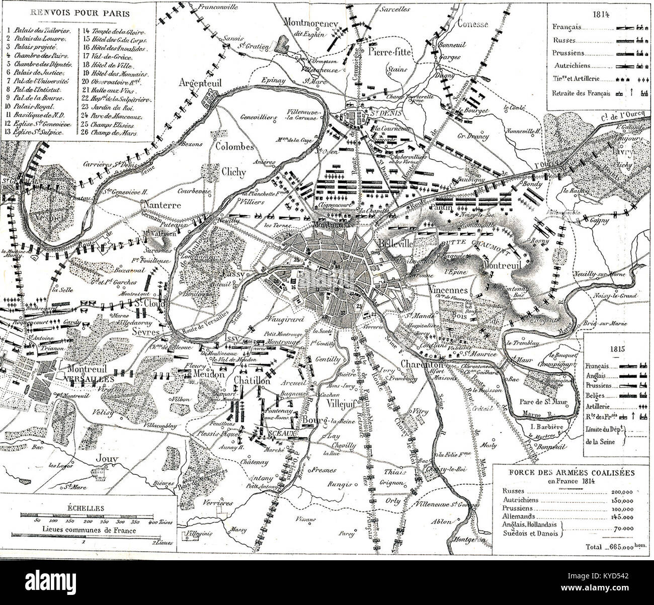 Questa mappa, 'Plan général du siège de Paris en 1814-1815', illustra l'assedio militare di Parigi durante le guerre napoleoniche, con i dettagli delle fortificazioni e dei movimenti delle truppe. Foto Stock