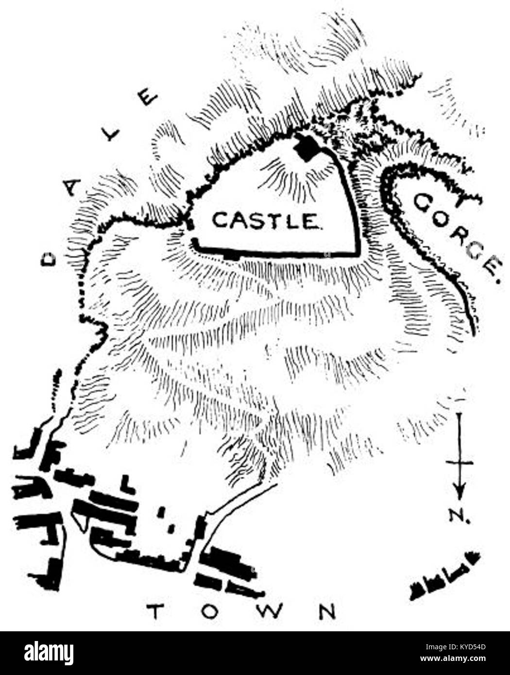 Mappa del 1909 che mostra la disposizione del castello di Peveril e del villaggio circostante di Castleton nel Derbyshire, in Inghilterra, con dettagli architettonici e topografici. Foto Stock