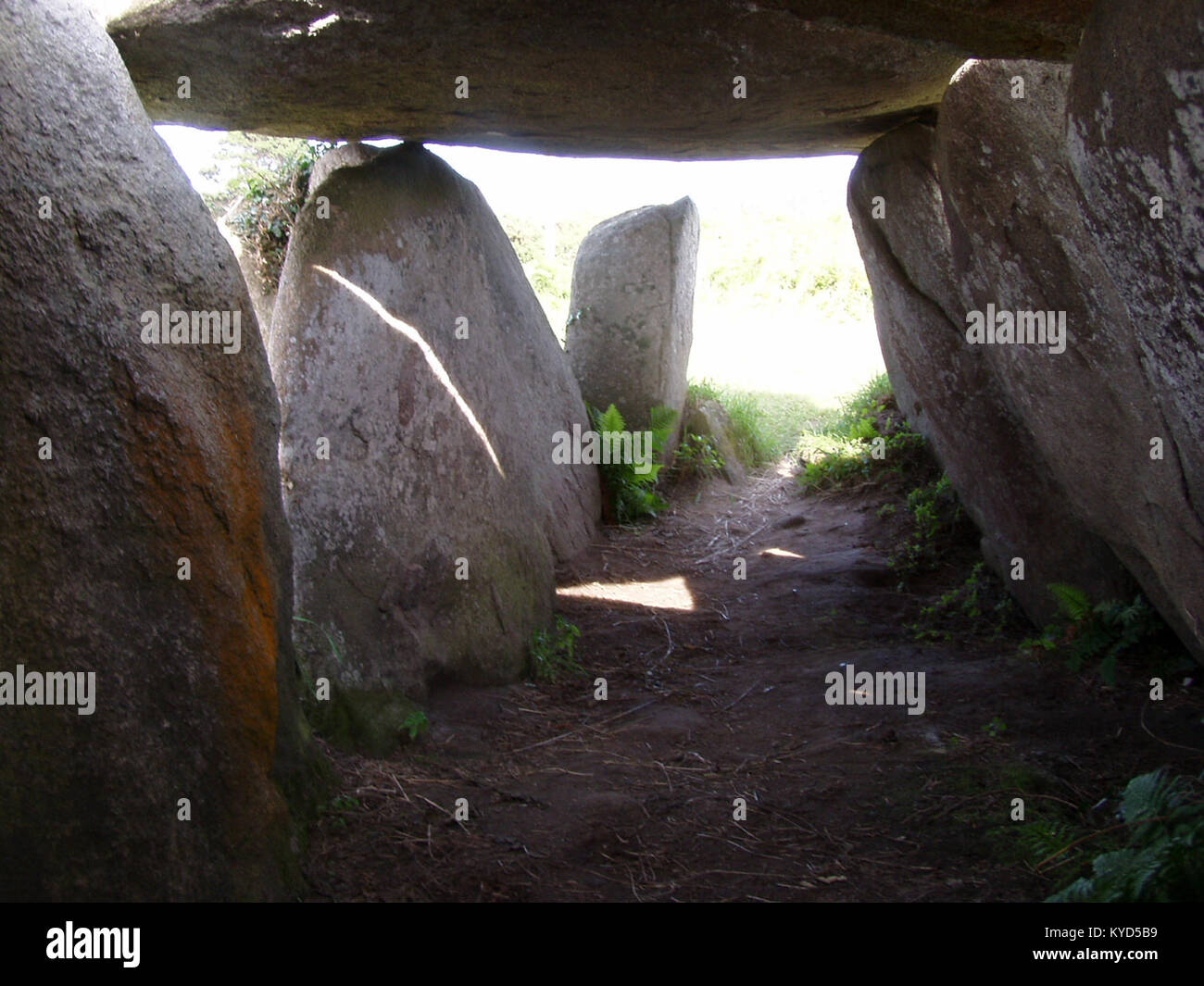 Una fotografia che mostra l'allée couverte di Ty Lia a Île-grande, Pleumeur-Bodou, Francia, una tomba a passaggio neolitico costruita con grandi lastre di pietra, che rappresentano l'architettura megalitica preistorica. Foto Stock