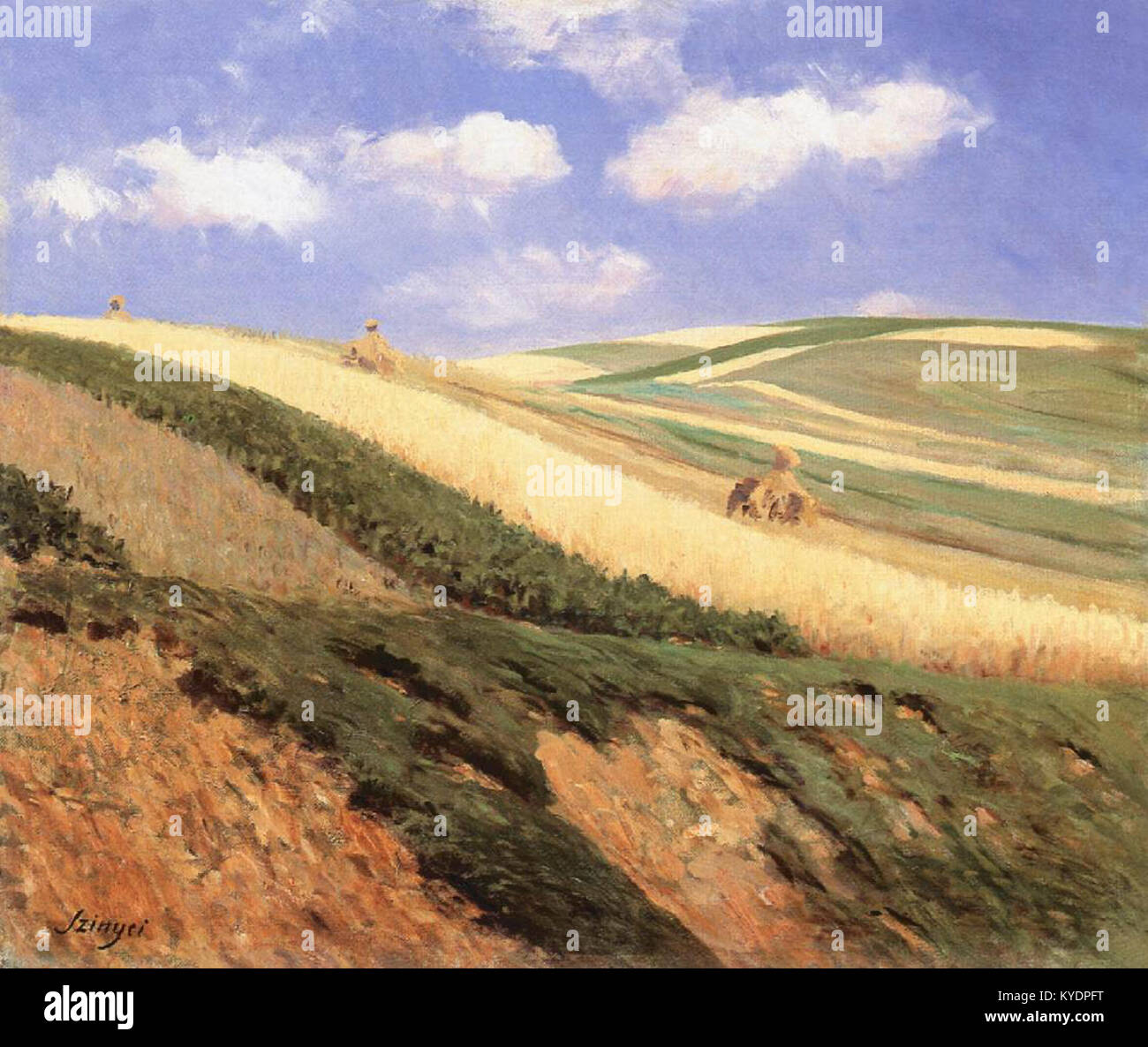 Olio su tela “Field” (1909) dell’artista ungherese Pál Szinyei Merse mostra un ampio prato sotto la luce del cielo, una vegetazione sottile, alberi lontani e un tranquillo orizzonte rurale, che evoca la devozione dell’artista alla luce naturale e al paesaggio. Foto Stock