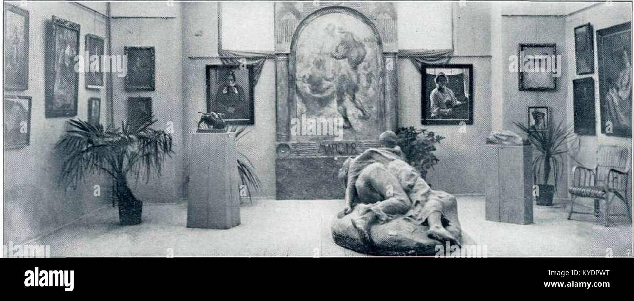 Fotografia della terza mostra d'arte slovena tenutasi nel 1909, che mostra gli artisti sloveni e le loro opere, rappresentando lo sviluppo artistico nazionale dell'inizio del XX secolo. Foto Stock