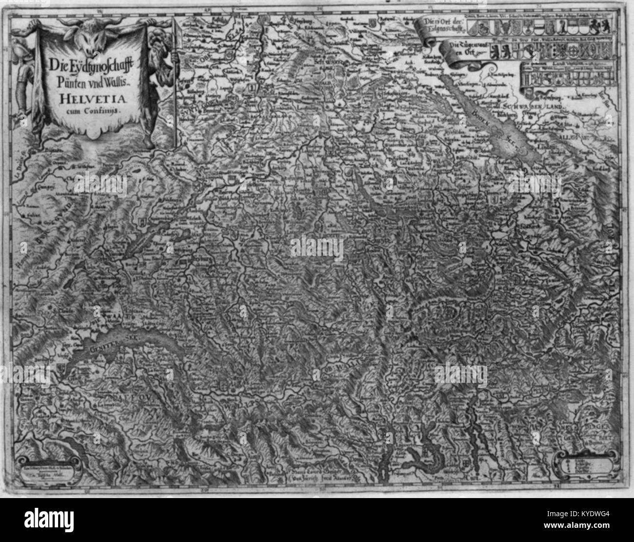 Un'illustrazione di Matthäus Merian raffigurante l'emblema della Confederazione svizzera, simboleggiando l'unità e l'alleanza tra i cantoni della Svizzera durante il primo periodo moderno. Foto Stock