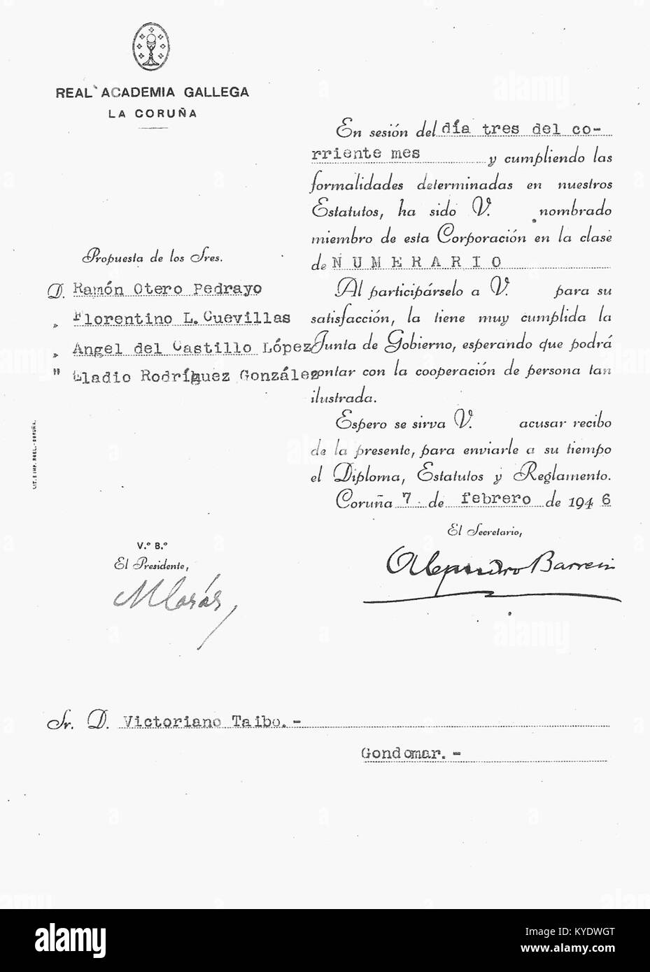 Taibo fu nominato alla Royal Galician Academy A Coruña, in Spagna, il 7 febbraio 1946, riconoscendo i suoi contributi allo sviluppo culturale e accademico galiziano. Foto Stock