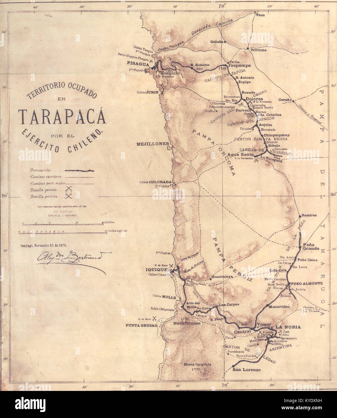 Una mappa storica che mostra l'occupazione di Tarapacá da parte dell'esercito cileno durante la guerra del Pacifico del 1879. Documenta le divisioni territoriali e le posizioni militari nella regione tra Cile, Perù e Bolivia. Foto Stock