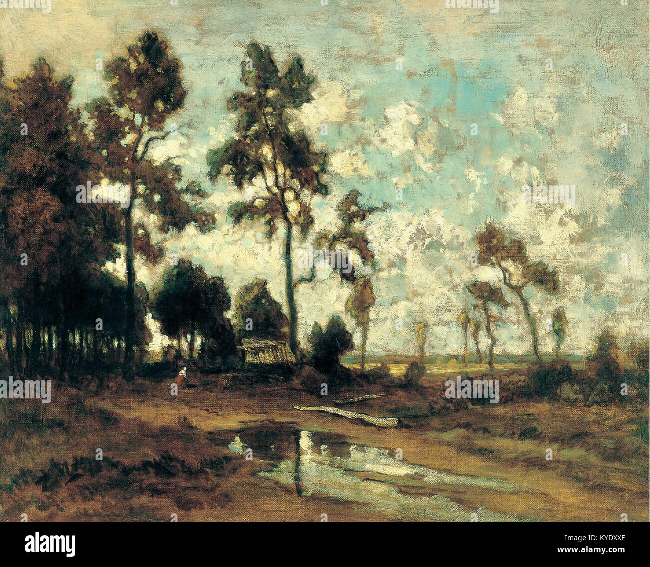 Il dipinto di Théodore Rousseau "la Cabane du Charbon de Bois" raffigura una capanna bruciatore di carbone nella foresta di Fontainebleau, che illustra la vita rurale e il paesaggio naturale della Francia del XIX secolo. Foto Stock