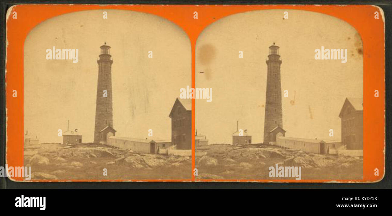 Un'opera descrittiva di C. A. Beckford che descrive Thacher's Island, enfatizzando il suo ambiente naturale, la storia del faro, l'importanza marittima e la variegata fauna selvatica lungo la costa del Massachusetts. Foto Stock
