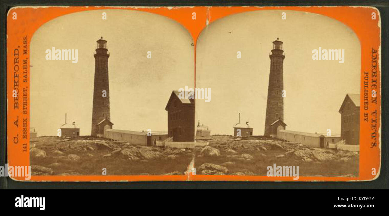 "Thacher's Island" di C. A. Beckford raffigura i fari gemelli di Thacher Island al largo della costa di Rockport, Massachusetts, mostrando strutture di navigazione marittima, coste rocciose e onde dell'Oceano Atlantico. Foto Stock