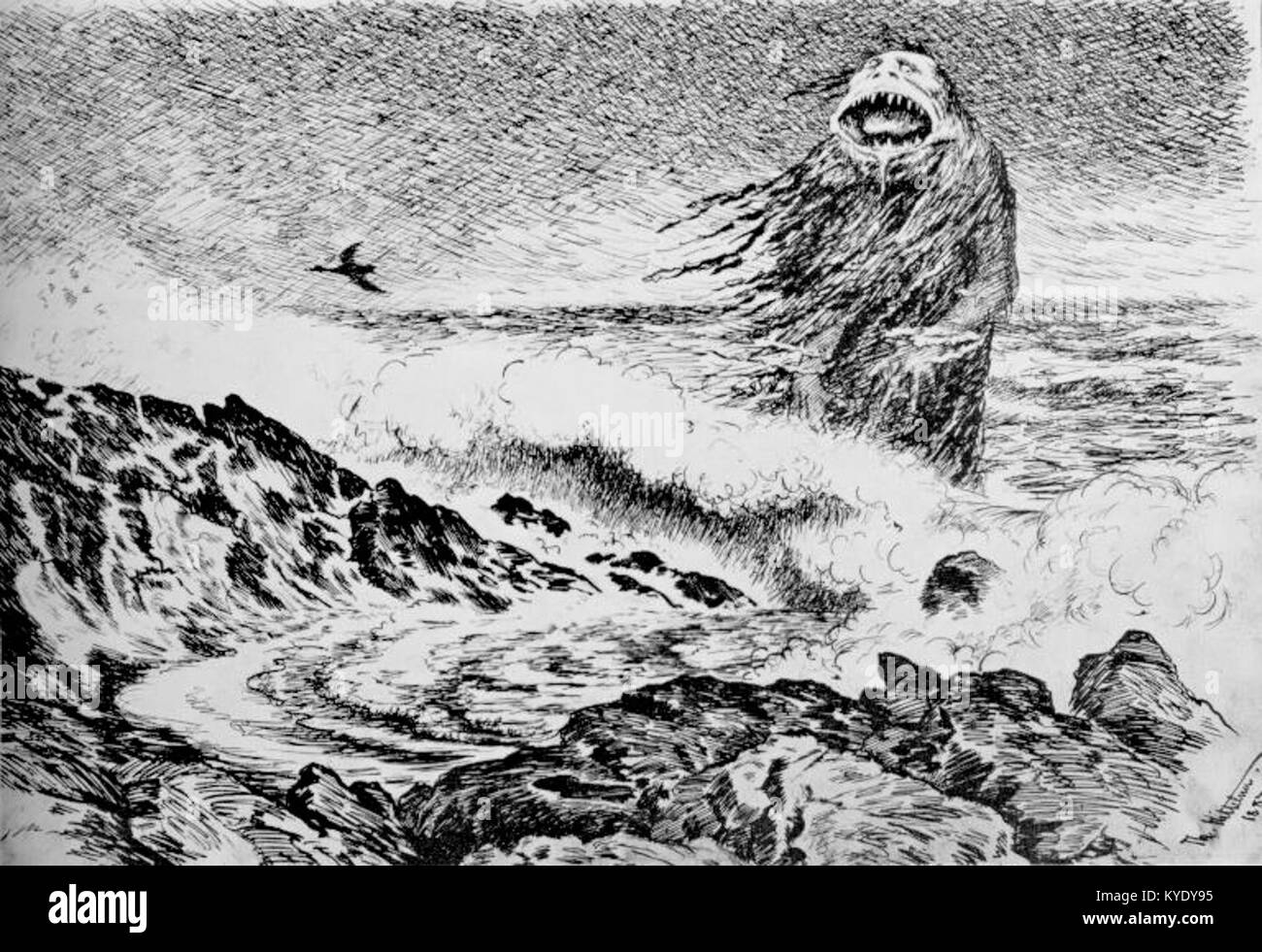 Un'illustrazione del 1887 dell'artista norvegese Theodor Kittelsen intitolata «Sjøtrollet» (il Troll marino), raffigurante una creatura marina mitologica che emerge dall'oceano, mescolando folklore e simbolismo romantico. Foto Stock