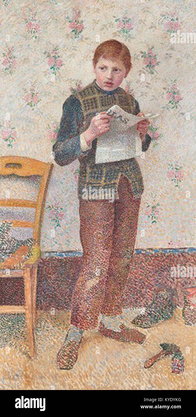 Un dipinto del 1890 dell'artista francese Henri Delavallée che raffigura un lucidatrice per stivali al lavoro. L'opera d'arte cattura un momento della vita quotidiana urbana attraverso la tecnica post-impressionista e la composizione dei colori. Foto Stock