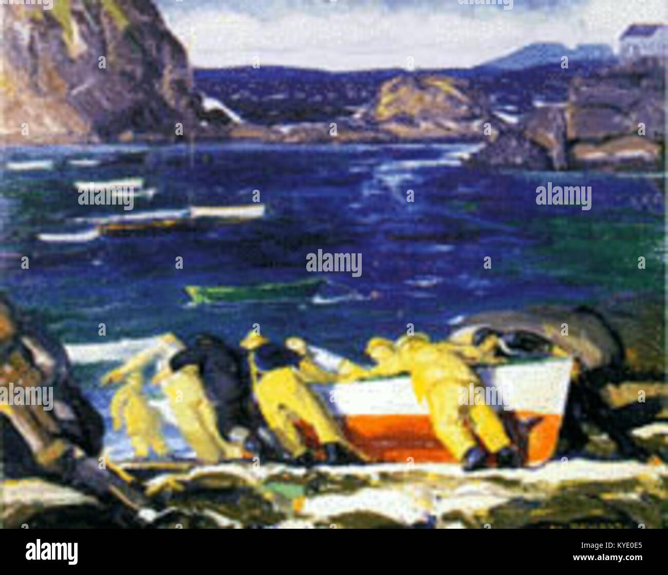Il dipinto del 1913 "The Launch" di George Wesley Bellows ritrae lavoratori e spettatori durante il lancio di una nave, esprimendo il movimento, la luce e l'attività umana caratteristica del realismo americano dell'inizio del XX secolo. Foto Stock