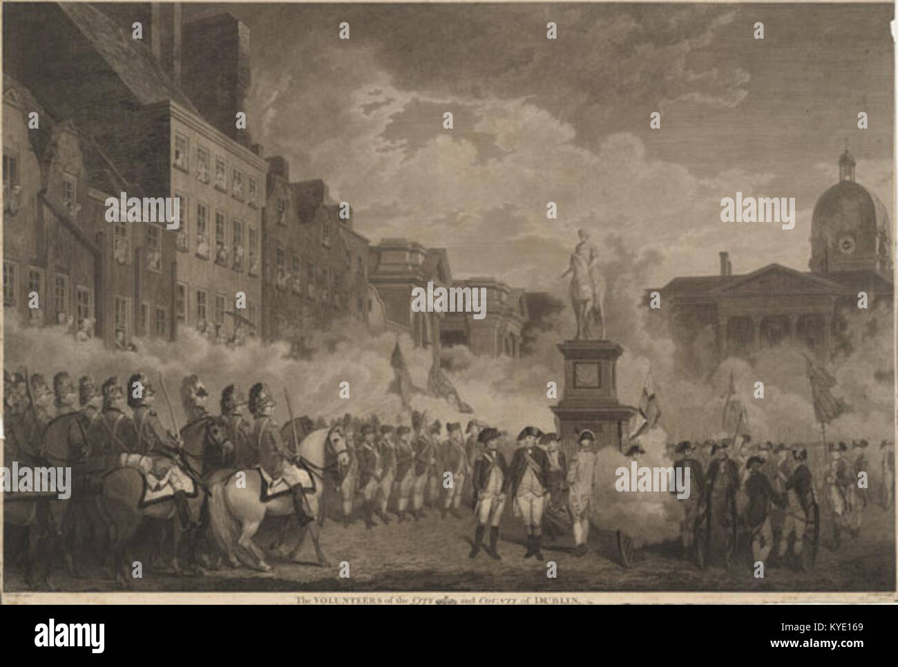 Questo pezzo di Joseph Collyer, intitolato "The Volunteers of Dublin", è una rappresentazione del movimento volontario irlandese. Probabilmente ritrae il clima politico e militare di Dublino durante la fine del XVIII secolo, sottolineando il ruolo dei volontari nella storia irlandese. Foto Stock