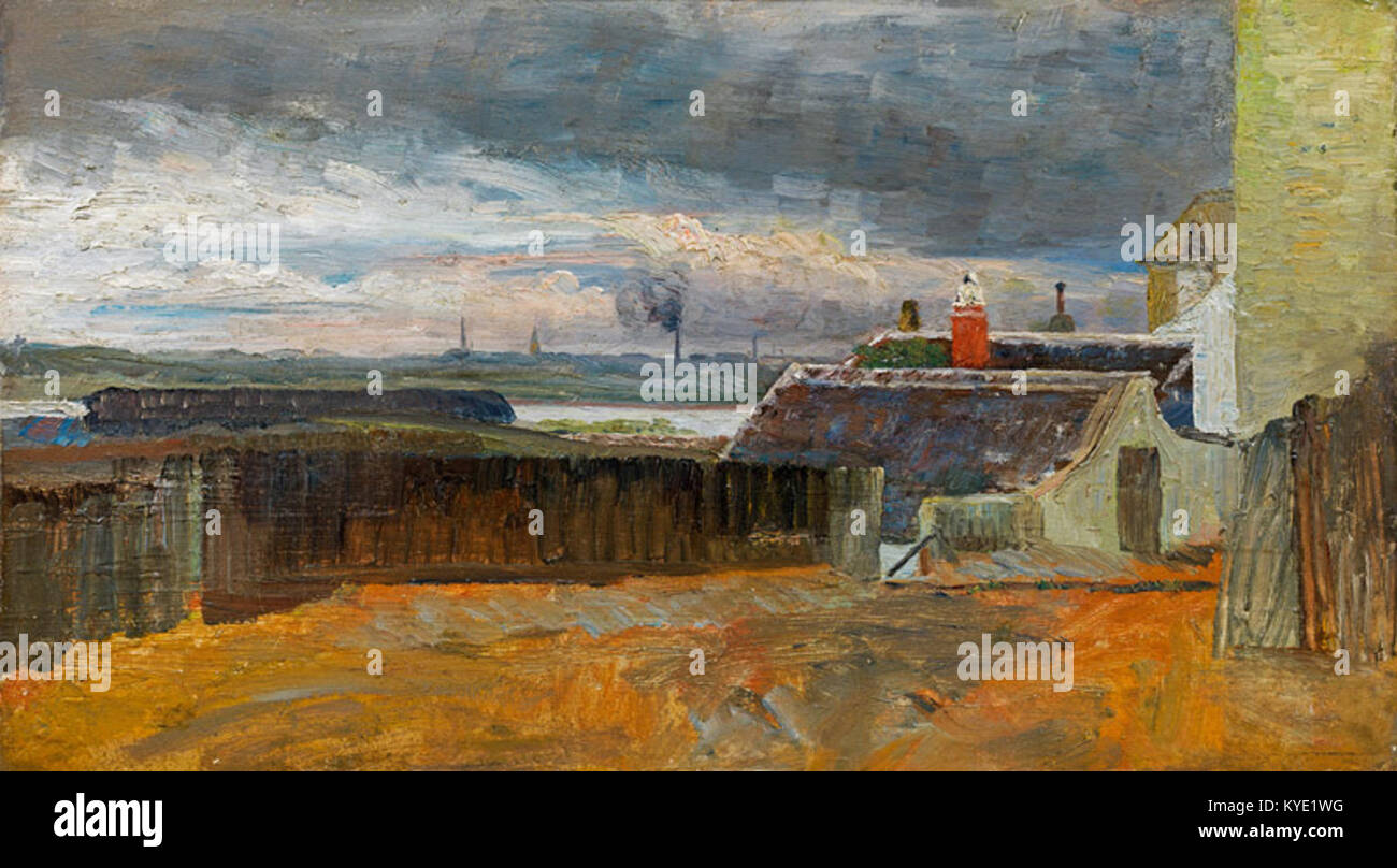 La pittrice di paesaggi austriaca Tina Blau (1845-1916) raffigurò scene di sobborgo viennese con particolare attenzione alla luce e all'atmosfera, spesso dipingendo strade del villaggio ed esterni pieni di luce intorno a Vienna. Foto Stock