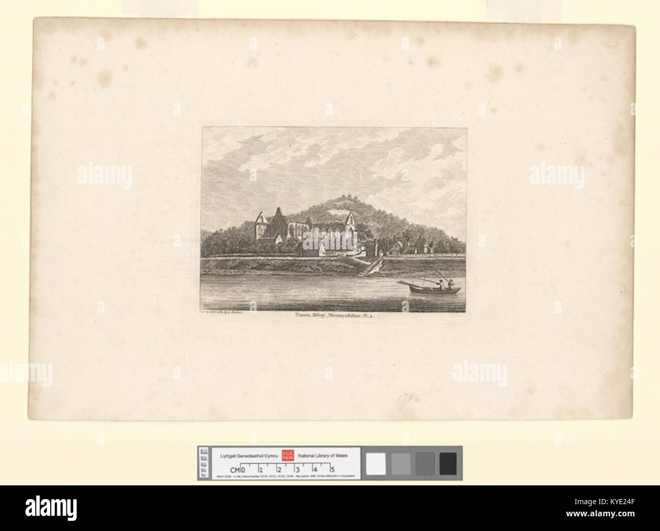 Abbazia di Tintern nel Monmouthshire, Galles, che mostra le rovine in pietra gotica, gli archi, le finestre e il paesaggio circostante dello storico monastero. Foto Stock