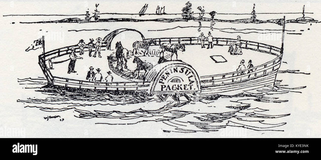 Un'immagine storica del secondo traghetto a cavallo di Toronto, una prima forma di trasporto per via d'acqua utilizzata per le traversate passeggeri alla fine del XIX secolo. Foto Stock