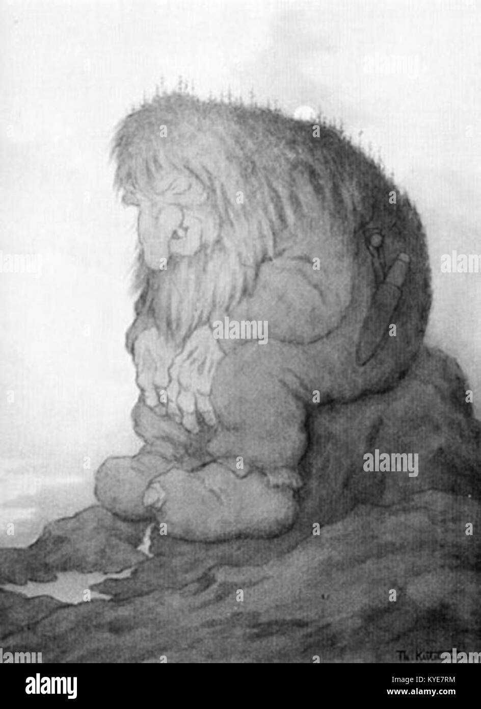 Questa opera d'arte intitolata Trollet som grunner på hvor gammelt det er ("il Troll che si chiede quanto sia vecchio") raffigura un troll in un paesaggio norvegese, che riflette il folklore e la mitologia scandinavi. Foto Stock