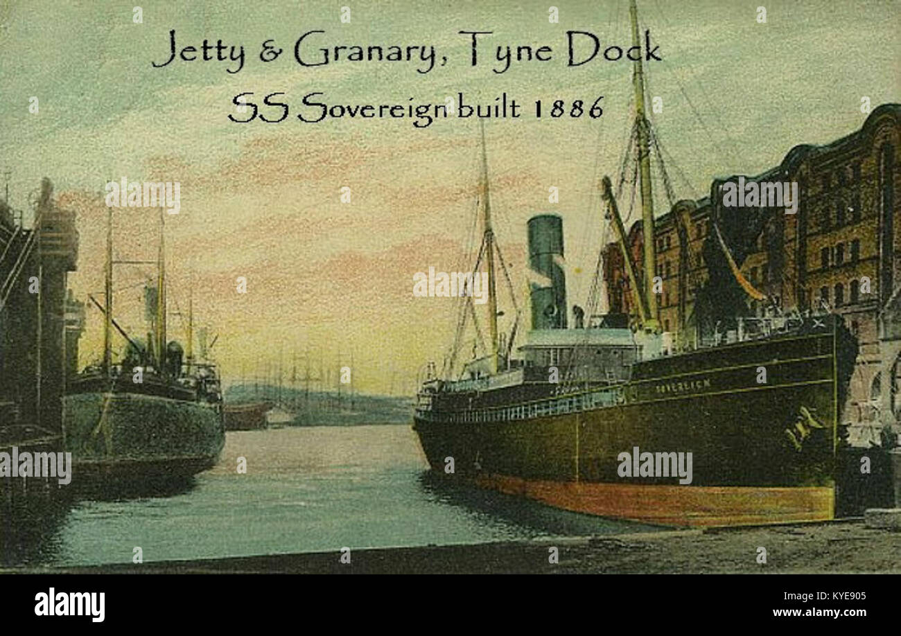 Un'immagine storica di Tyne Dock, in Inghilterra, del 1886, raffigurante strutture portuali industriali, navi e movimentazione merci lungo il fiume Tyne durante l'apice del commercio marittimo e dell'esportazione di carbone. Foto Stock