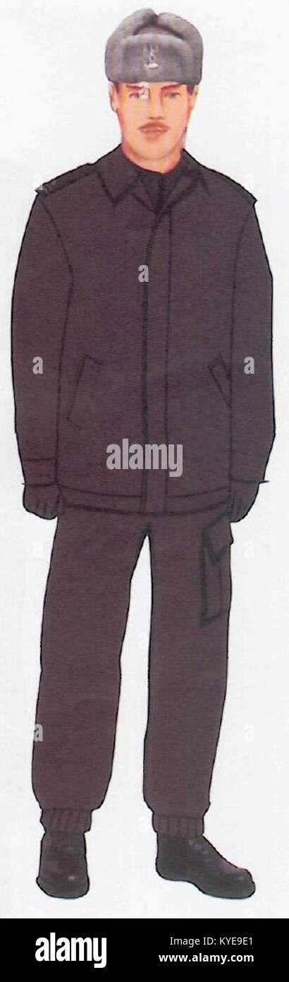 Fotografia che mostra un'uniforme invernale per un equipaggio di carri armati, mettendo in risalto l'abbigliamento militare a basse temperature, l'equipaggiamento protettivo e l'abbigliamento operativo. Foto Stock