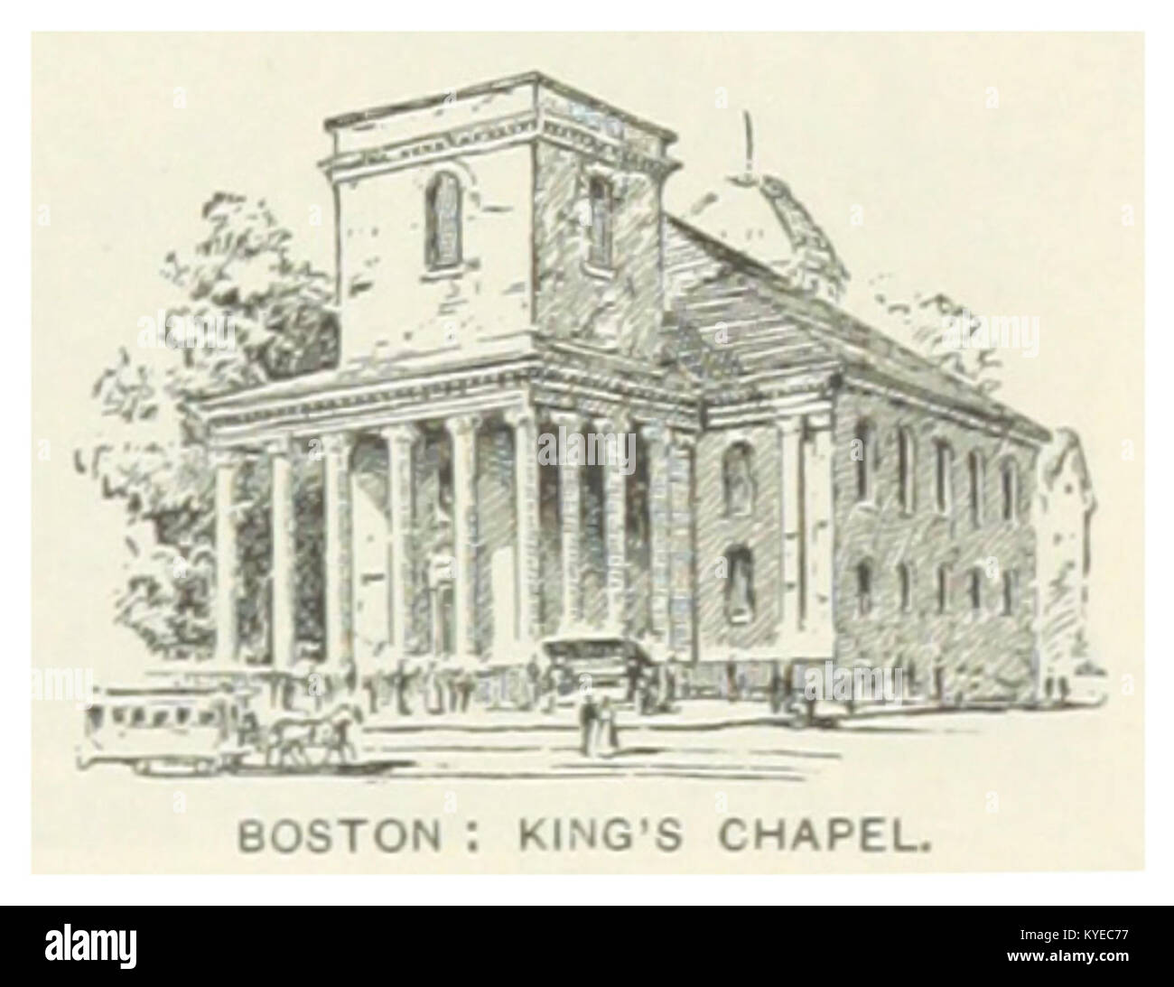 Un'immagine del 1891 della King's Chapel a Boston, Massachusetts, che mostra la sua architettura di epoca coloniale e l'importanza come punto di riferimento religioso storico nella prima storia americana. Foto Stock