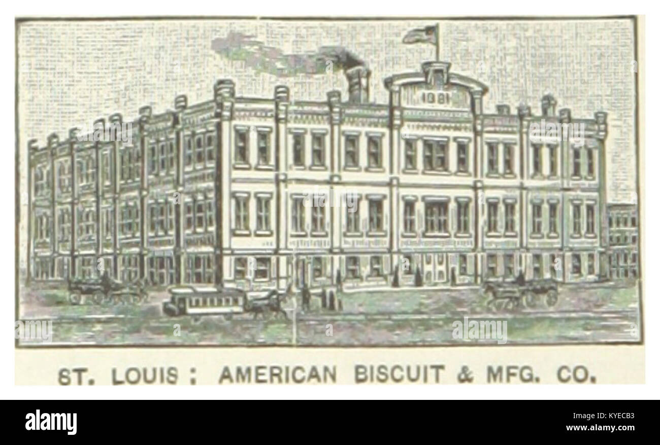 Fotografia dell'edificio della American Biscuit & Manufacturing Company a St. Louis, Missouri, del 1891, che mostra l'architettura industriale e le operazioni commerciali alla fine del XIX secolo. Foto Stock
