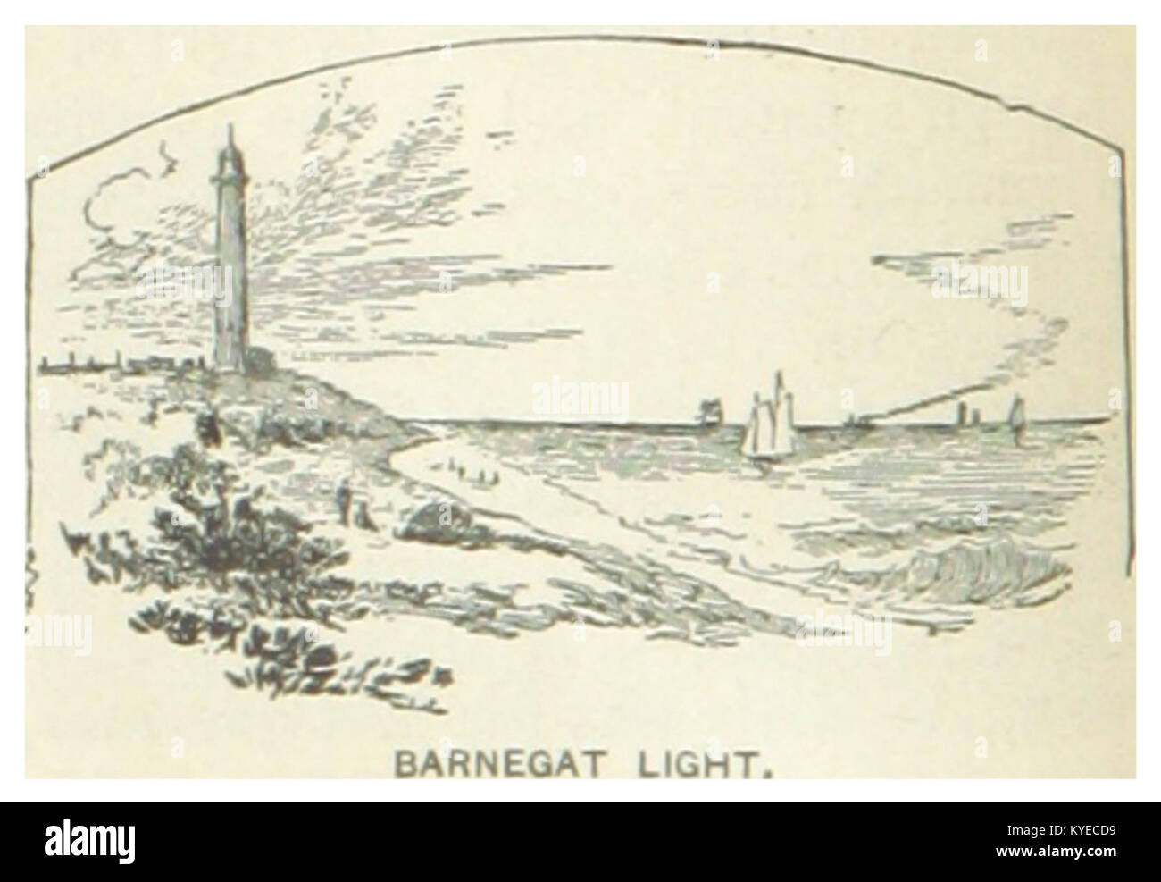 Il faro di Barnegat nel New Jersey, fotografato nel 1891, è un importante punto di riferimento per la navigazione sulla costa atlantica, significativo per il suo ruolo nella sicurezza marittima e nel patrimonio dei fari americani. Foto Stock