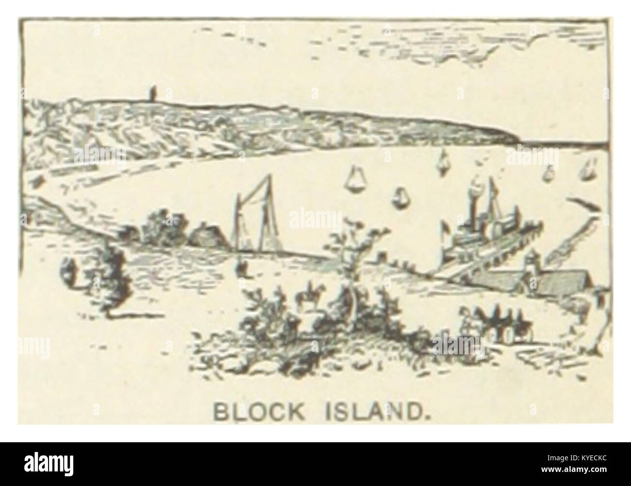 Una mappa del 1891 della serie US-RI presenta Block Island, situata al largo della costa del Rhode Island. La mappa mostra la topografia e le caratteristiche dell'isola. Foto Stock