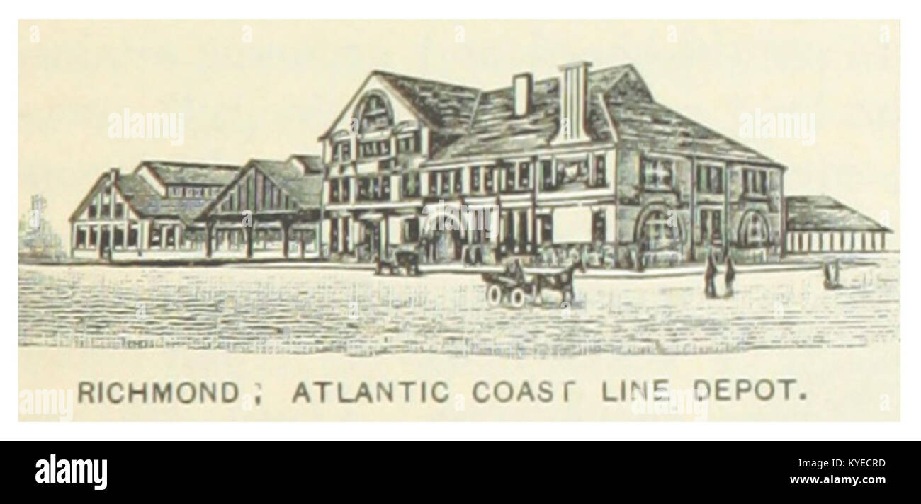 Un'illustrazione del 1891 dell'Atlantic Coast Line Depot a Richmond, Virginia, che mostra le infrastrutture ferroviarie e lo sviluppo dei trasporti alla fine del XIX secolo. Foto Stock