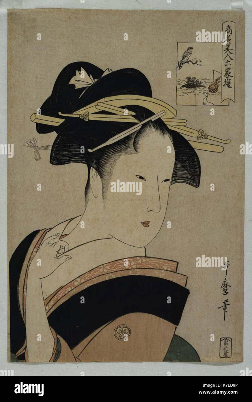 Questa stampa di Utamaro (c. 1795-96) della serie Komei bijin rokkasen mostra una rappresentazione ritagliata di una delle bellezze, evidenziando l'espressione facciale, il motivo kimono e la composizione coerenti con l'arte giapponese della fine del XVIII secolo. Foto Stock