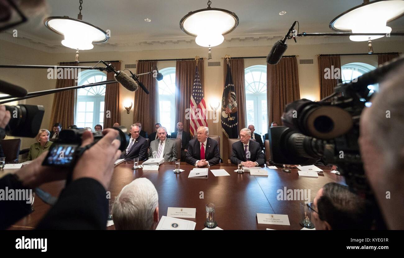 Stati Uniti Presidente Donald Trump durante una riunione del gabinetto nel Cabinet Room della casa bianca 10 Gennaio 2018 a Washington, DC. Udienza con il presidente sono da sinistra a destra: Segretario interno Ryan Zinke, Segretario di Stato Rex Tillerson e il Segretario della Difesa James Mattis. Foto Stock