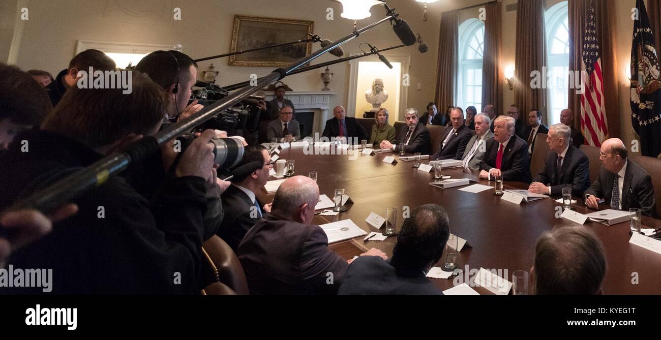 Stati Uniti Presidente Donald Trump durante una riunione del gabinetto nel Cabinet Room della casa bianca 10 Gennaio 2018 a Washington, DC. Udienza con il presidente sono da sinistra a destra: Istruzione Segretario Betsy DeVos, deliberando HHS Segretario Eric Hargan, Segretario degli Interni Ryan Zinke, Segretario di Stato Rex Tillerson, il Segretario alla difesa James Mattis e commercio Segretario Wilbur Ross. Foto Stock