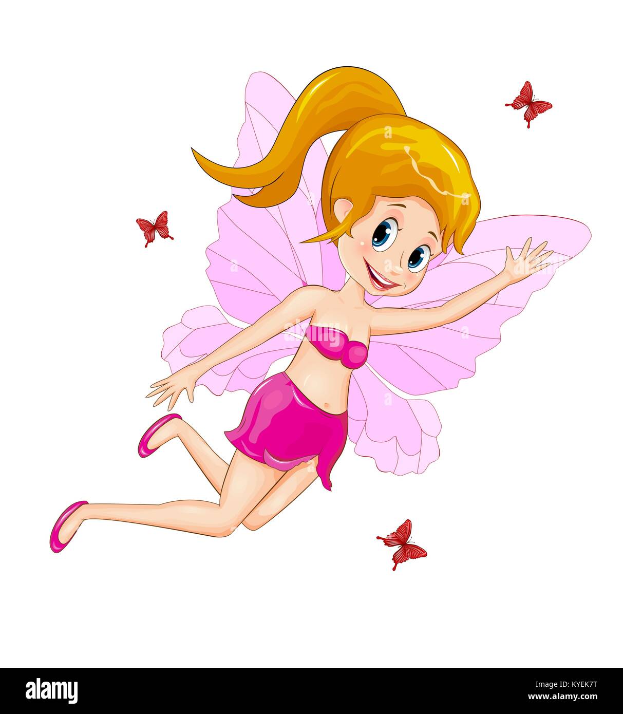 Molla di rosa fiabesco. Cartoon fairy in abiti rosa su sfondo bianco. Flying fairy e farfalle. Illustrazione Vettoriale