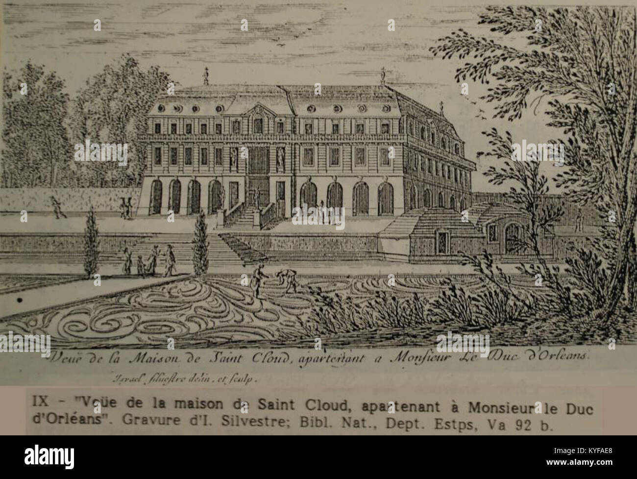 Questa incisione storica mostra la residenza del Duca d'Orléans a Saint-Cloud, in Francia, raffigurando l'architettura e i giardini paesaggistici che circondano la tenuta. Foto Stock